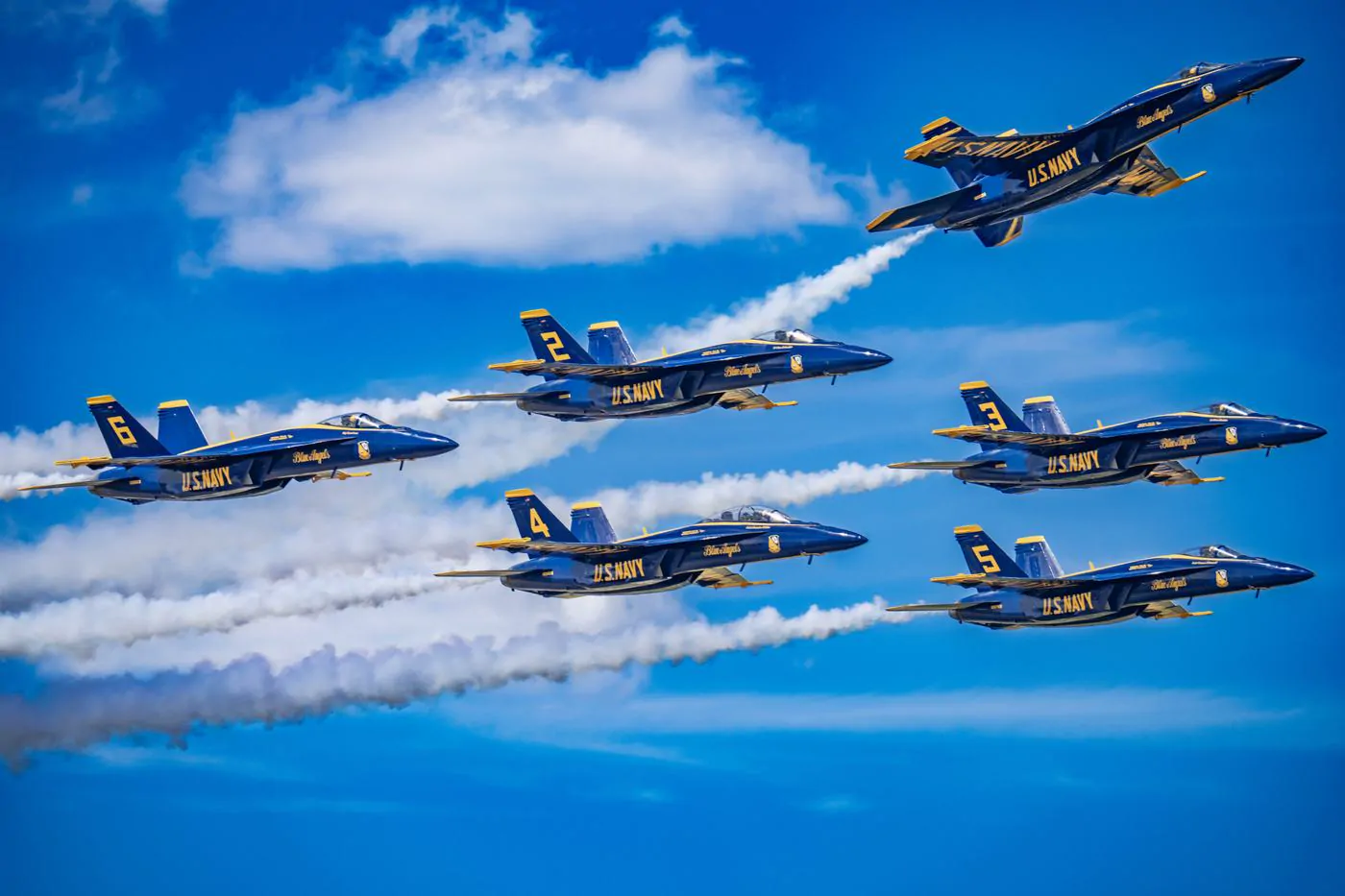 Blue Angels six-jet formation flying overhead