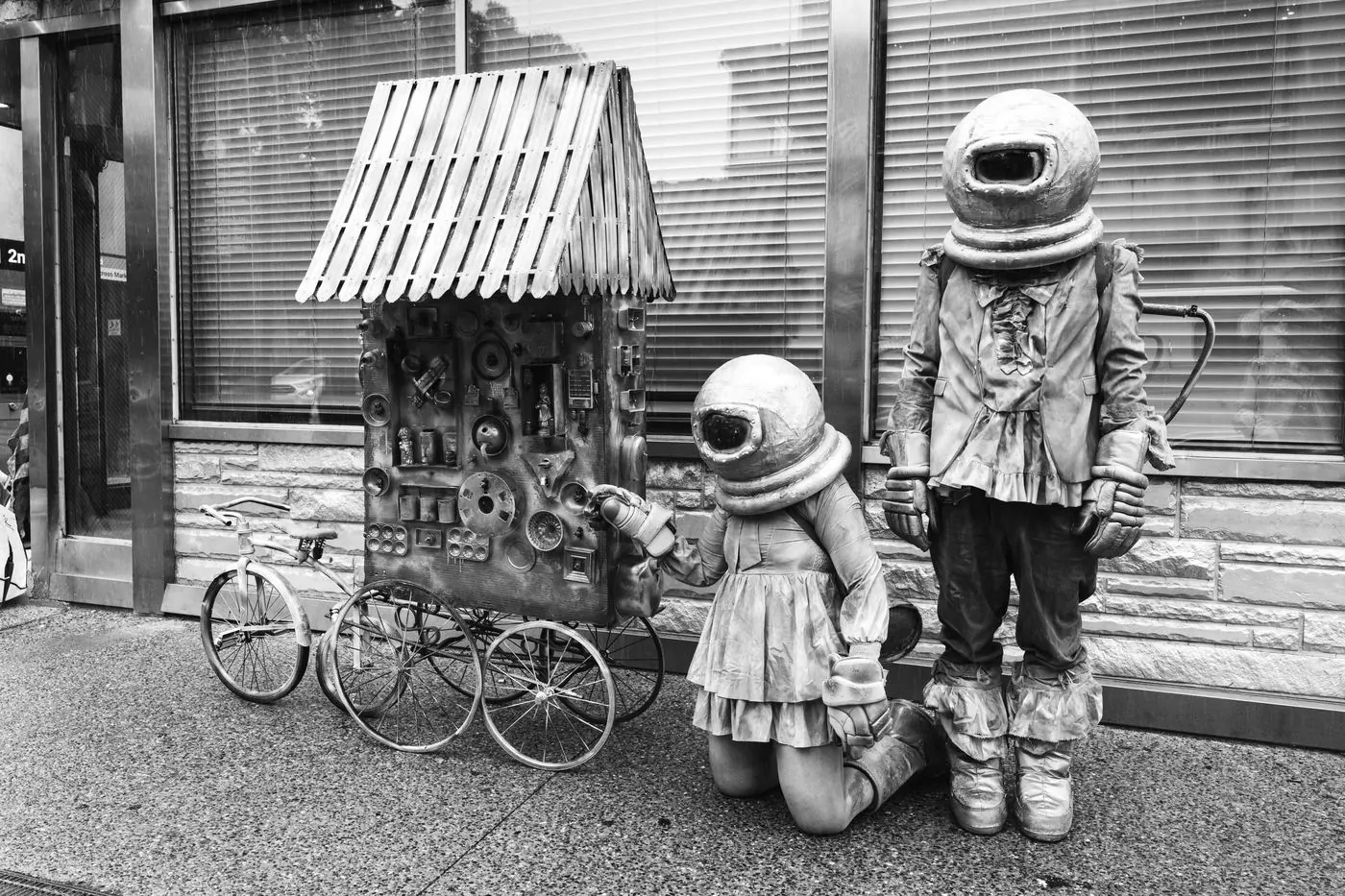 Steampunk costume performers with cart Philadelphia street